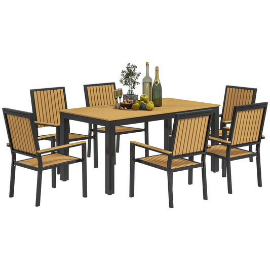 Zestaw mebli ogrodowych Outsunny 6 Seater Garden Dining Set z krzesłami składanymi, aluminiowa rama, prostokątny plastikowy blat, zestaw mebli ogrodowych, stół jadalny i krzesła na patio, balkon, przy basenie, drewno naturalne