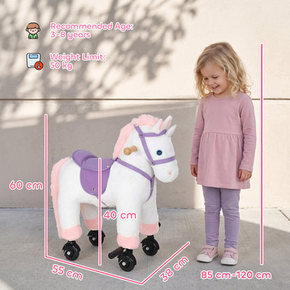 AIYAPLAY Unicorn Rocking Horse, Plush Ride On Horse with Hoof and Neighing, Rolling Wheels and Pedal for 3-8 Y, Up to 50kg, White