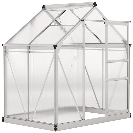 Outsunny Polycarbonate Greenhouse, Large Walk-In Green House with Slide Door and Window, Aluminium Frame, 6x4ft, Silver Tone