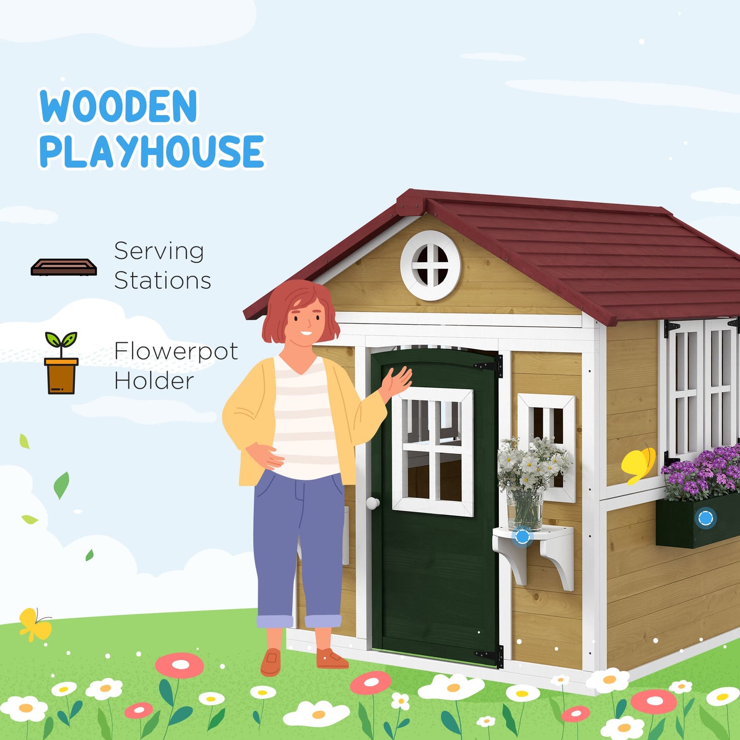 Outsunny Wooden Playhouse with Doors, Windows, Plant Pots, Boxes, for 3-8 Years - Beige