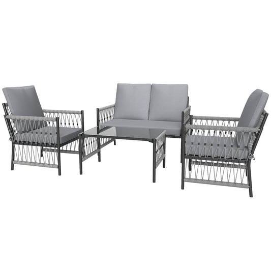 Outsunny 4 Piece Rattan Garden Furniture Set, 4 Seater Wicker Patio Conversation Set with 2 Armchairs, Loveseat, Glass Top Coffee Table and Cushions for Outdoor, Balcony, Grey