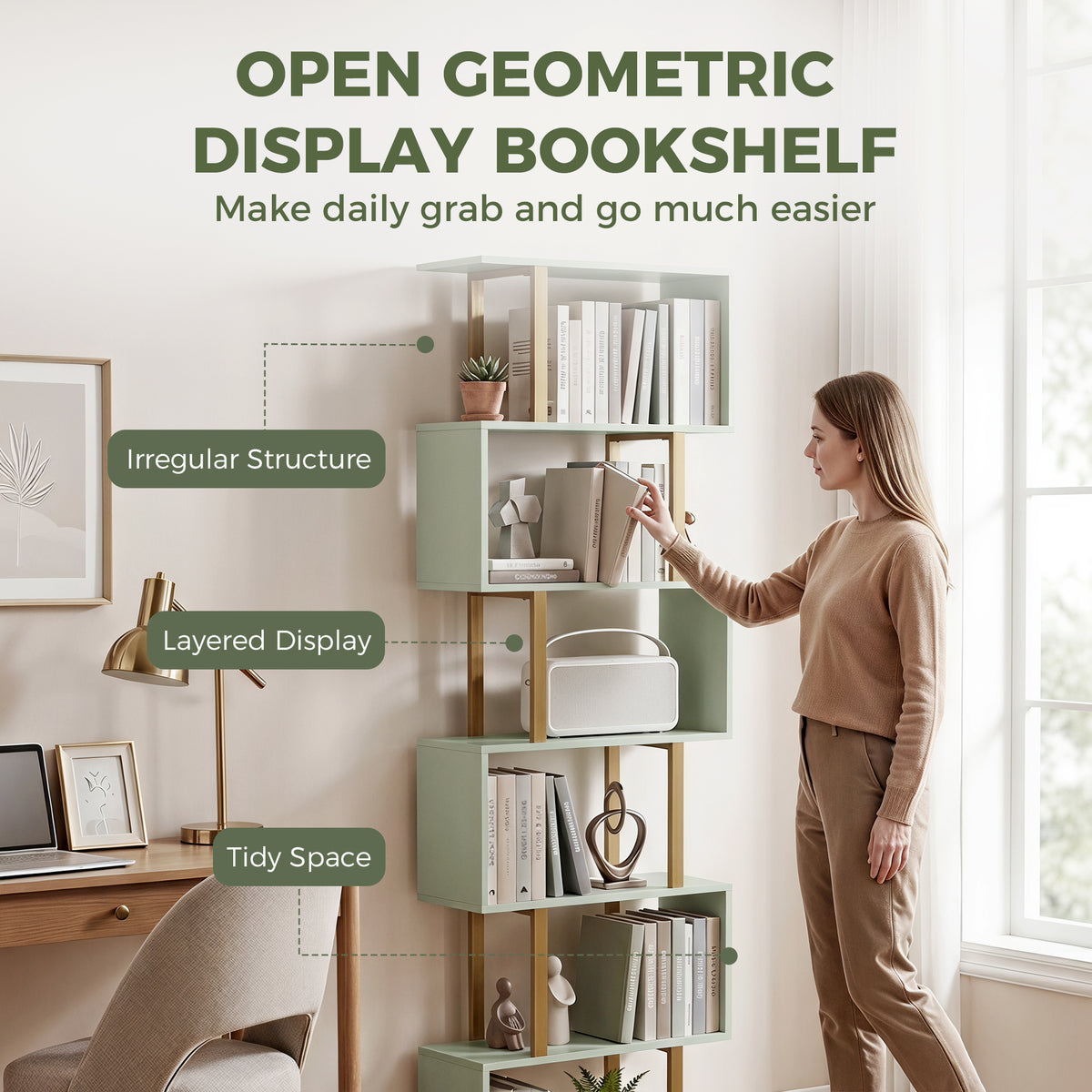 HOMCOM S-Shaped Bookshelf, 6-Tier Bookcase, Freestanding Storage Shelves with Anti-Tip Strap for Living Room, Light Green
