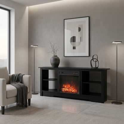 Electric Fireplace and TV Stand Bundle with Open Storage Shelves-Black