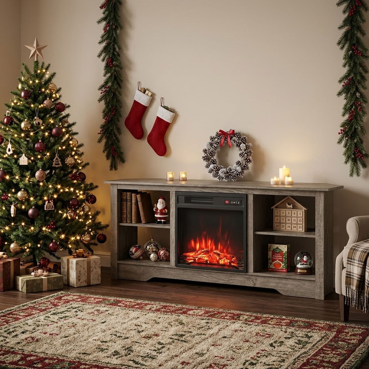 Electric Fireplace and TV Stand Bundle with Open Storage Shelves-Grey