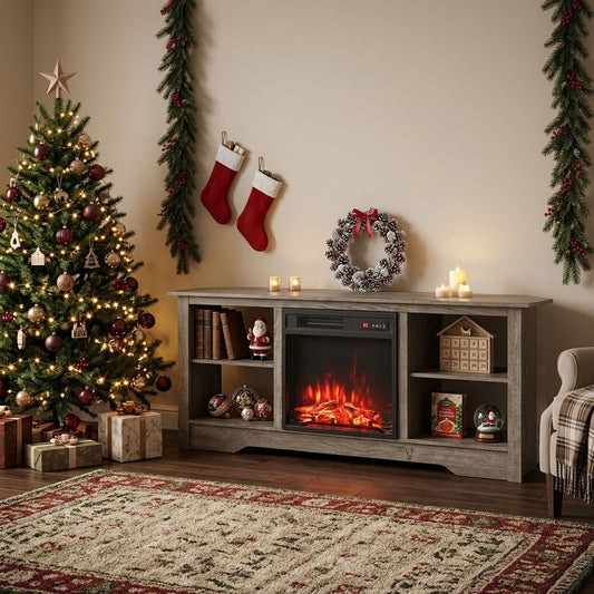 Electric Fireplace and TV Stand Bundle with Open Storage Shelves-Grey