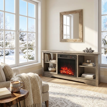 Electric Fireplace and TV Stand Bundle with Open Storage Shelves-Grey