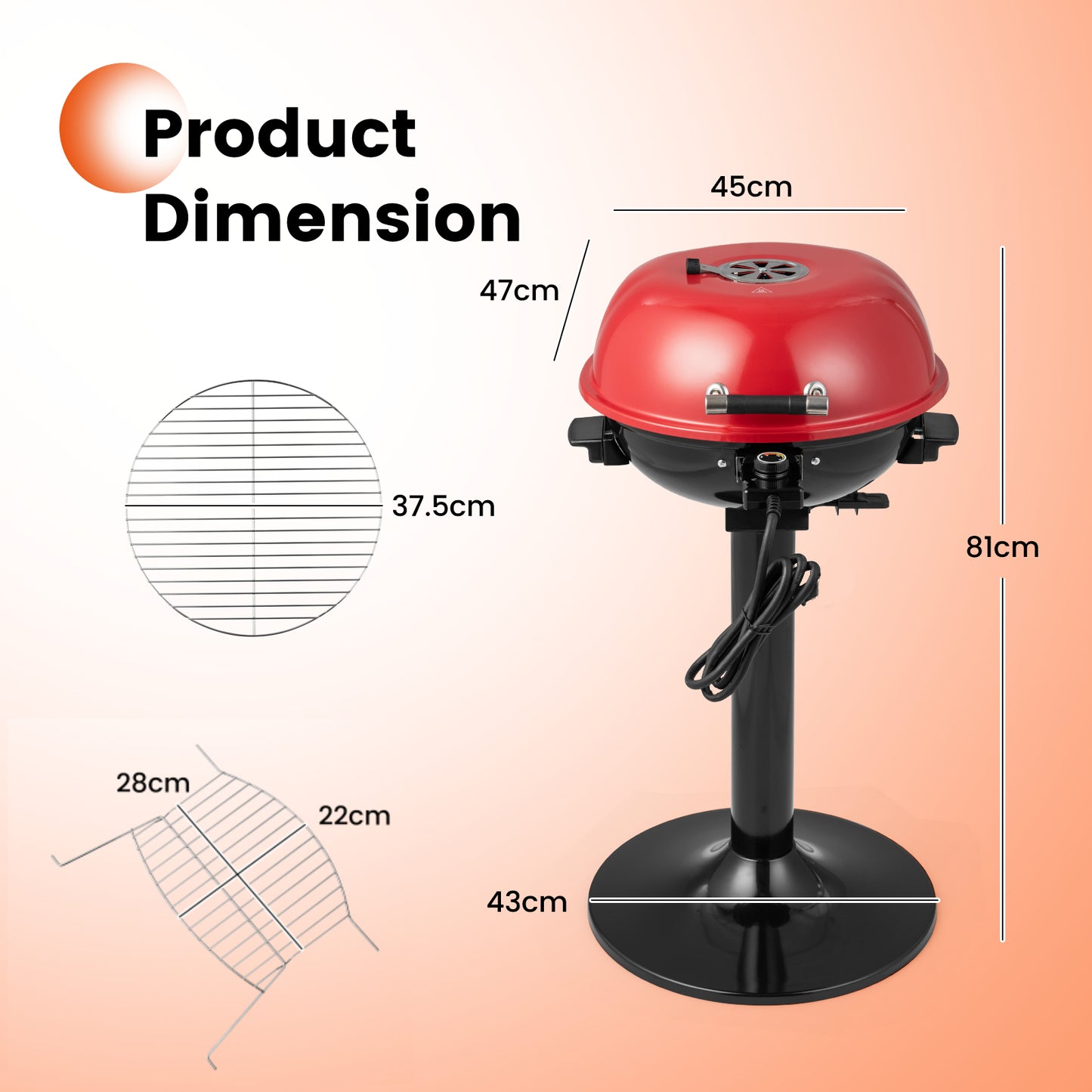 Electric BBQ Grill with Removable Non-Stick Grilling Rack-Red