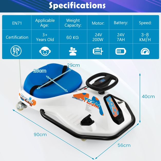 Electric Drifting Go Kart for Kids with 360° Spin Wireless Connection and USB-Navy