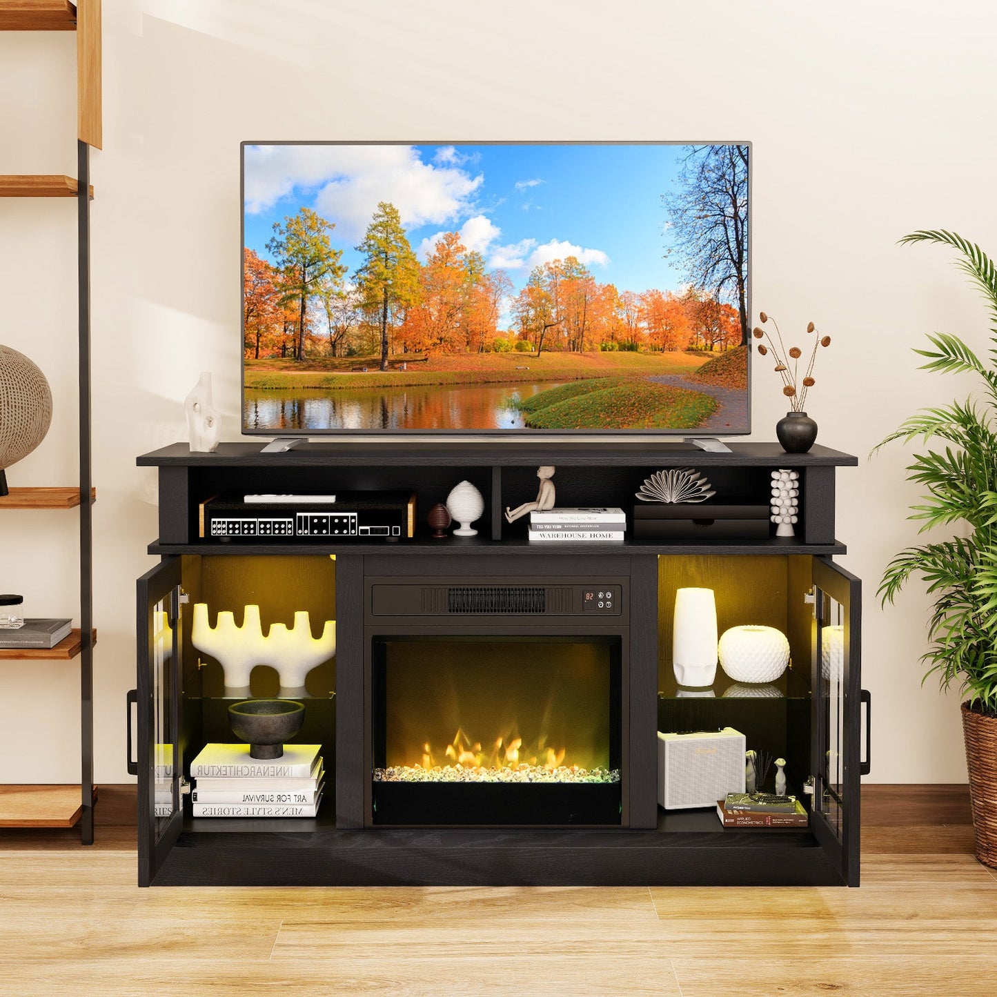Electric Fireplace TV Stand with RGB LED Lights for TVs Up to 50 Inch-Black