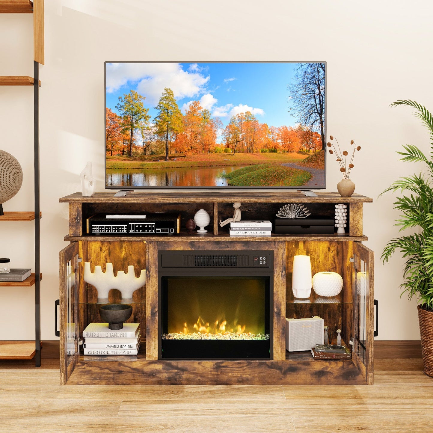 Electric Fireplace TV Stand with RGB LED Lights for TVs Up to 50 Inch-Coffee