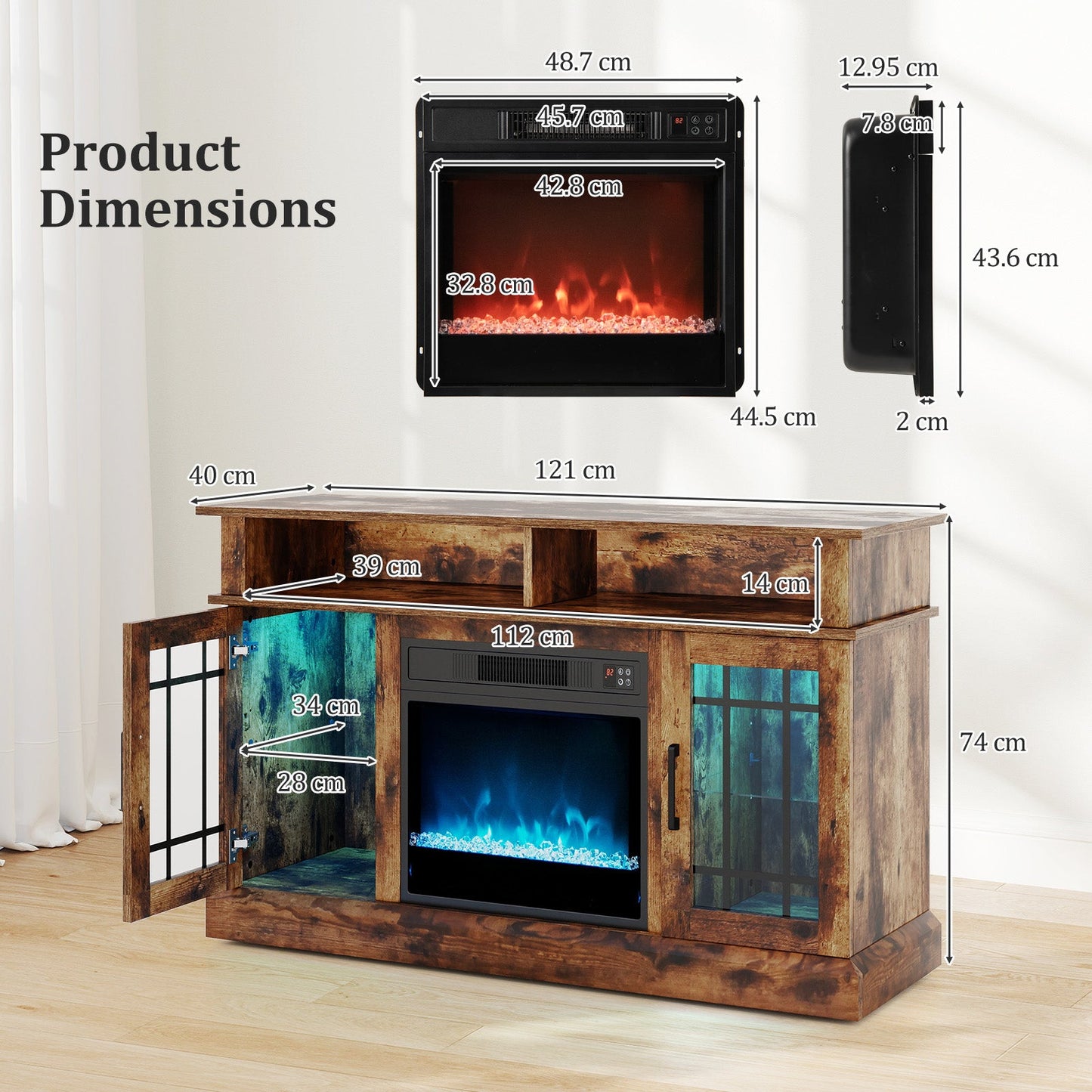 Electric Fireplace TV Stand with RGB LED Lights for TVs Up to 50 Inch-Coffee