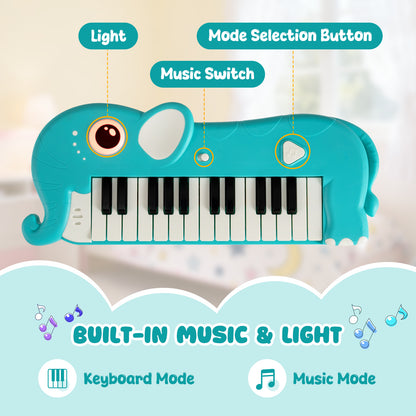 25-Key Kids Piano Keyboard Elephant Shape Toy Digital Piano with Built-in Music-Blue