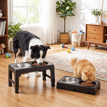 Elevated Dog Bowls with Slow Feeder and 4-Level Adjustable Stand-Black