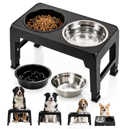 Elevated Dog Bowls with Slow Feeder and 4-Level Adjustable Stand-Black