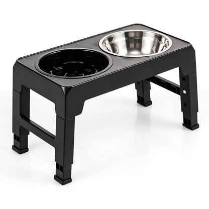 Elevated Dog Bowls with Slow Feeder and 4-Level Adjustable Stand-Black