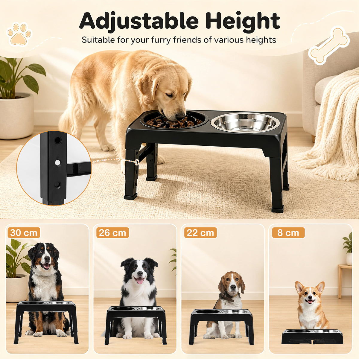 Elevated Dog Bowls with Slow Feeder and 4-Level Adjustable Stand-Black