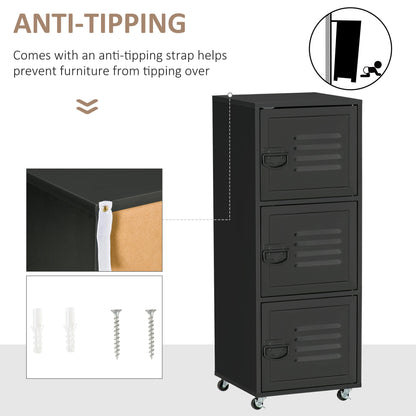 Rolling Storage Cabinet 3-Tier Mobile File Cabinet with Wheels & Metal Doors for Home Office, Living Room, Black