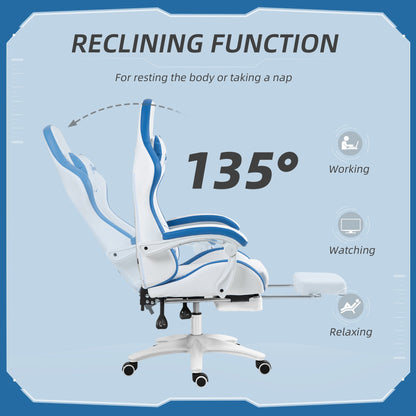 Racing Gaming Chair, Reclining PU Leather Computer Chair, 360 Degree Swivel Seat, Footrest, Removable Headrest and Lumber Support, White and Blue