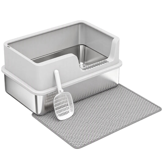 PawHut XL Stainless Steel Cat Litter Tray with Lid, High Sided Cat Litter Box with Scoop and Mat, Light Grey