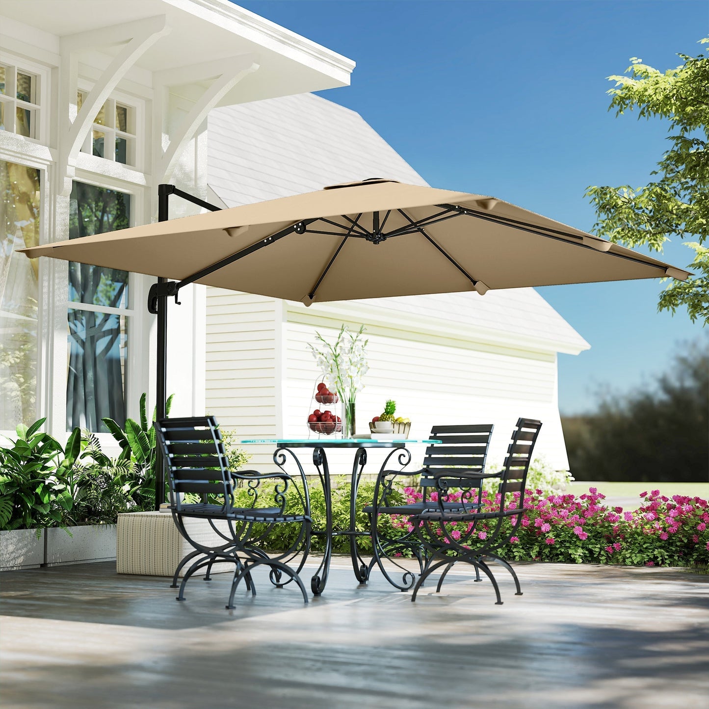 Outsunny 3 x 3 m Cantilever Parasol, Square Patio Umbrella with Crank Handle, Cross Base, Tilt, 360 degrees Rotation, Khaki