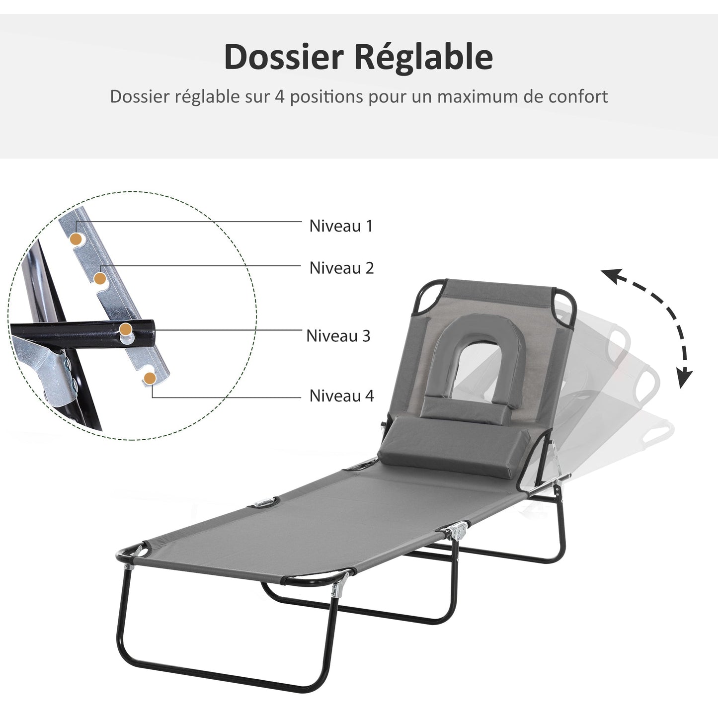 Outsunny Sun Lounger Foldable Reclining Chair with Pillow and Reading Hole Garden Beach Outdoor Recliner Adjustable Grey