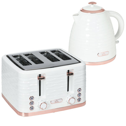 HOMCOM Kettle and Toaster Sets, 3000W 1.7L Rapid Boil Kettle & 4 Slice Toaster with 7 Browning Controls, Defrost, Reheat and Crumb Tray, UK Otter thermostat, Cream White