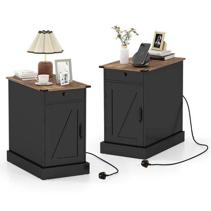 End Table Set of 2 with Charging Station and Storage Drawer-Black