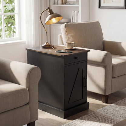 End Table Set of 2 with Charging Station and Storage Drawer-Black