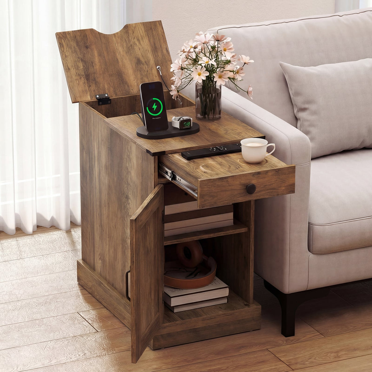 End Table Set of 2 with Charging Station and Storage Drawer-Rustic Brown