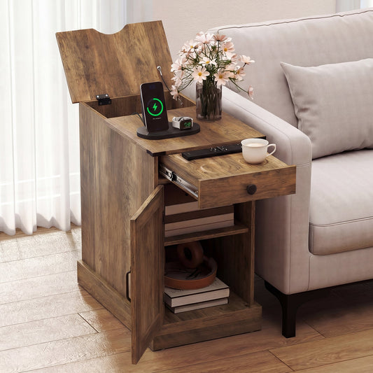 End Table Set of 2 with Charging Station and Storage Drawer-Rustic Brown
