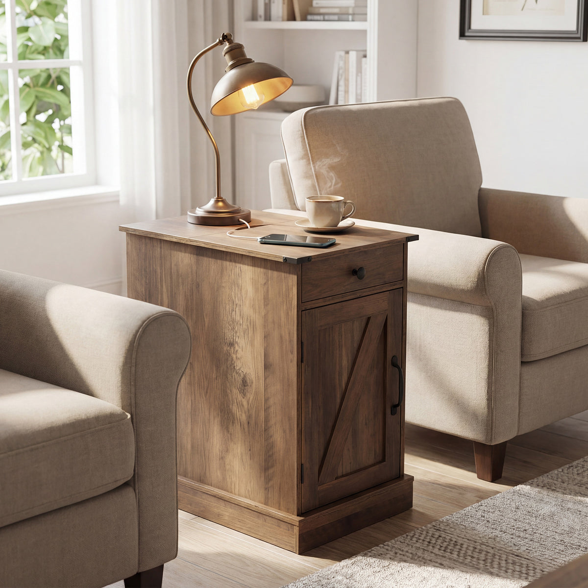 End Table Set of 2 with Charging Station and Storage Drawer-Rustic Brown