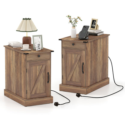 End Table Set of 2 with Charging Station and Storage Drawer-Rustic Brown