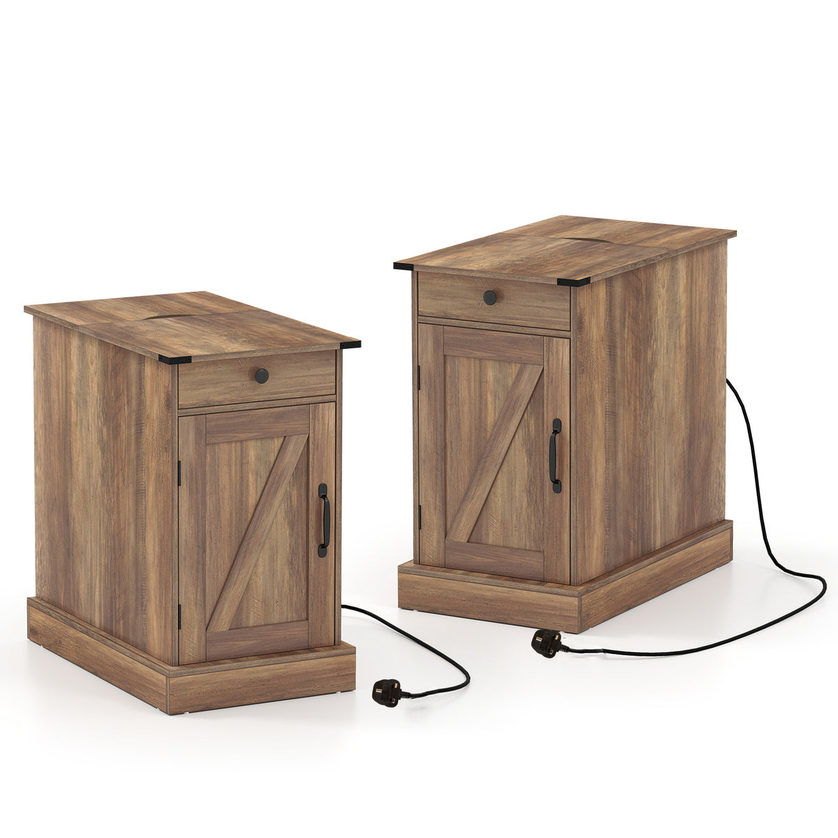End Table Set of 2 with Charging Station and Storage Drawer-Rustic Brown