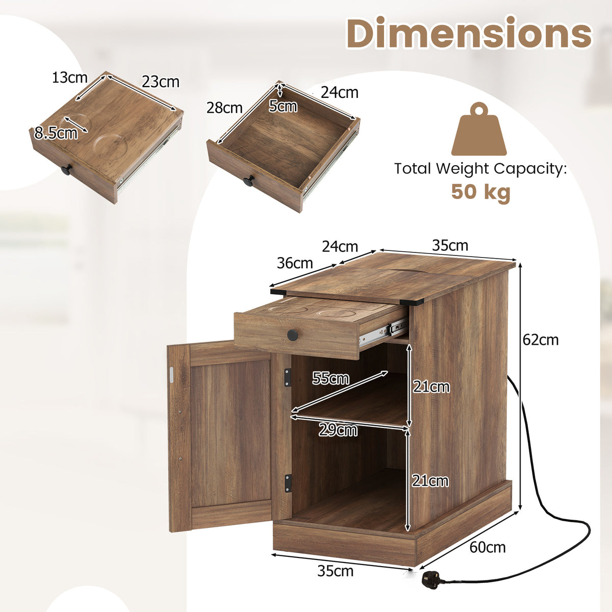 End Table Set of 2 with Charging Station and Storage Drawer-Rustic Brown
