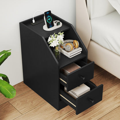 End Table with Charging Station & Storage Drawers for Small Space Living Room Bedroom-Black