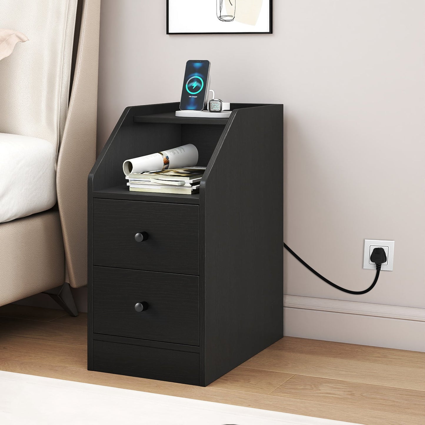 End Table with Charging Station & Storage Drawers for Small Space Living Room Bedroom-Black