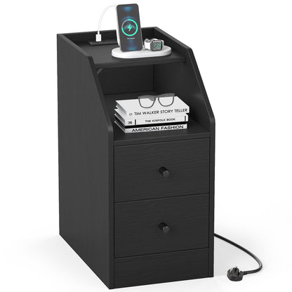 End Table with Charging Station & Storage Drawers for Small Space Living Room Bedroom-Black