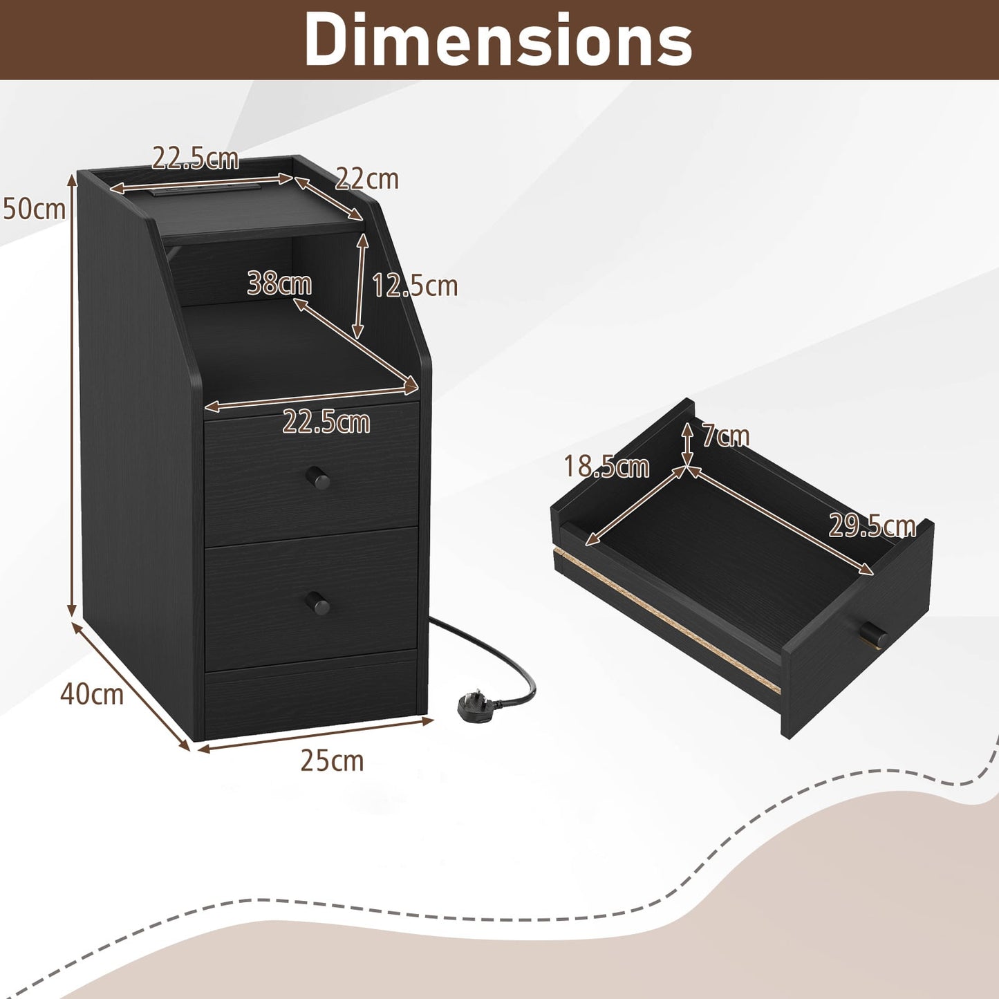 End Table with Charging Station & Storage Drawers for Small Space Living Room Bedroom-Black