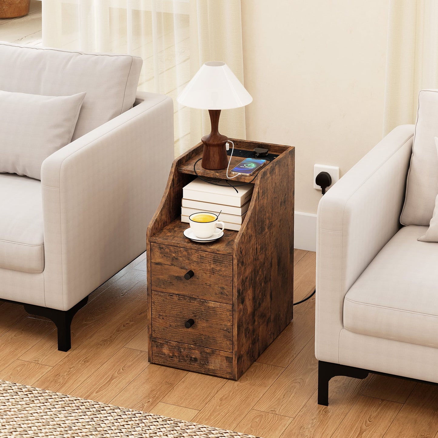 End Table with Charging Station & Storage Drawers for Small Space Living Room Bedroom-Rustic Brown