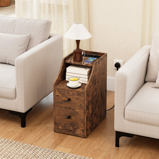 End Table with Charging Station & Storage Drawers for Small Space Living Room Bedroom-Rustic Brown
