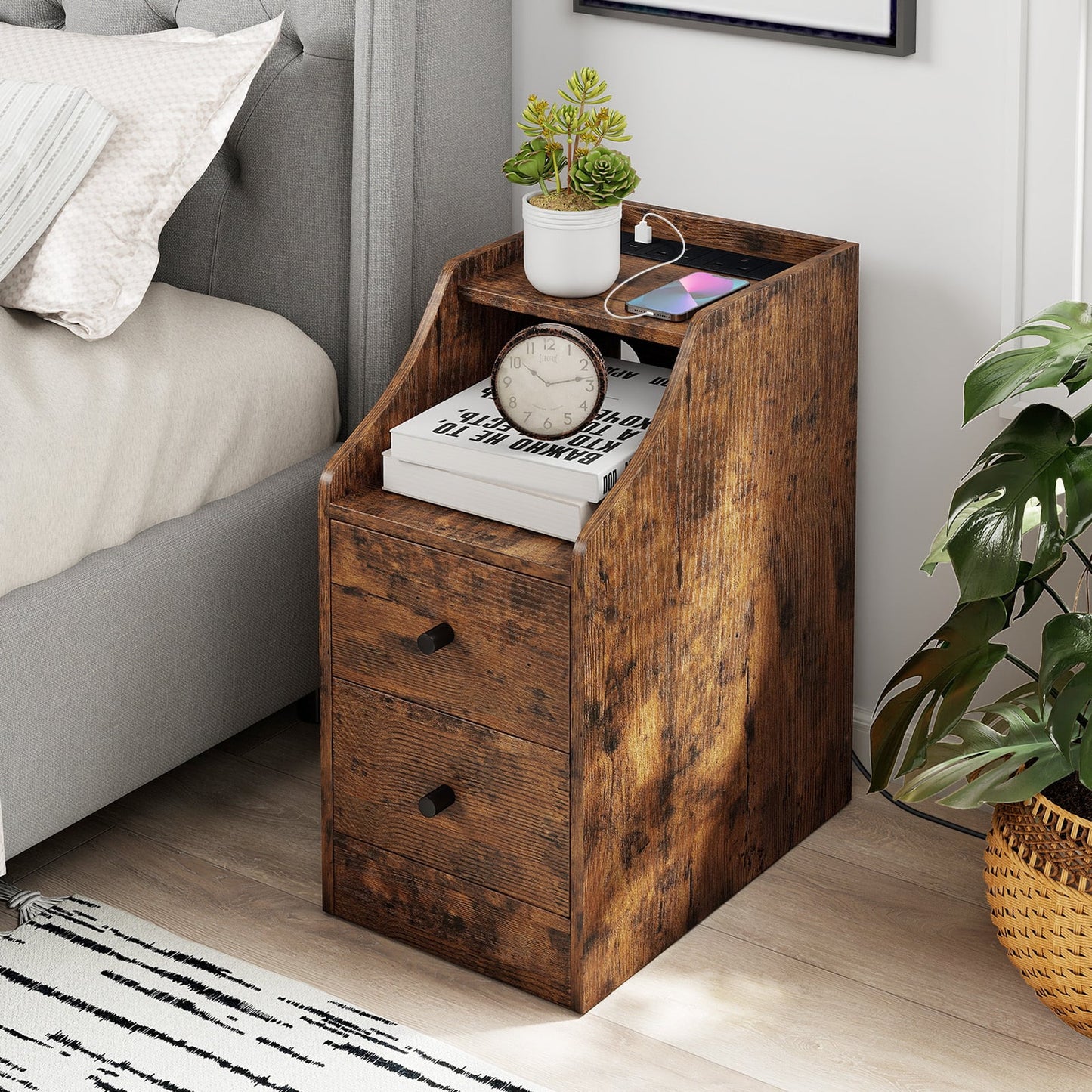 End Table with Charging Station & Storage Drawers for Small Space Living Room Bedroom-Rustic Brown