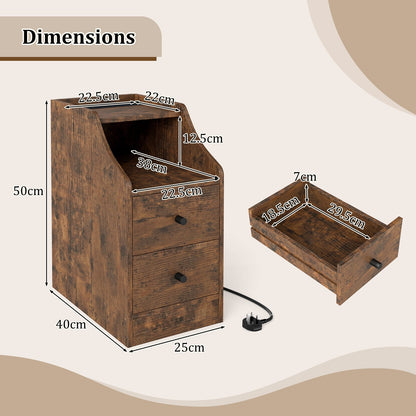 End Table with Charging Station & Storage Drawers for Small Space Living Room Bedroom-Rustic Brown