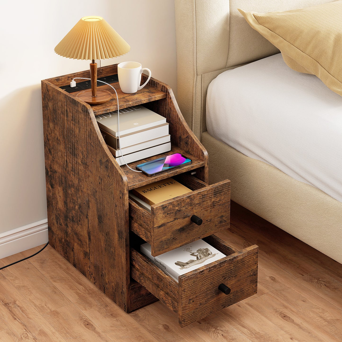 End Table with Charging Station & Storage Drawers for Small Space Living Room Bedroom-Rustic Brown