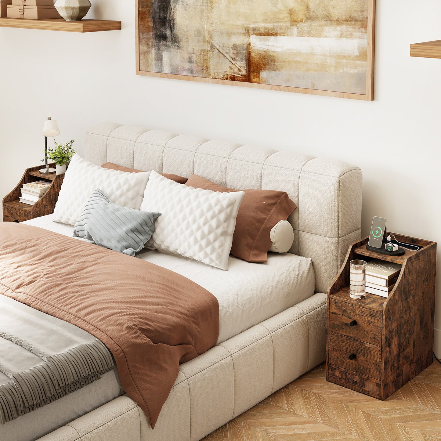End Table with Charging Station & Storage Drawers for Small Space Living Room Bedroom-Rustic Brown