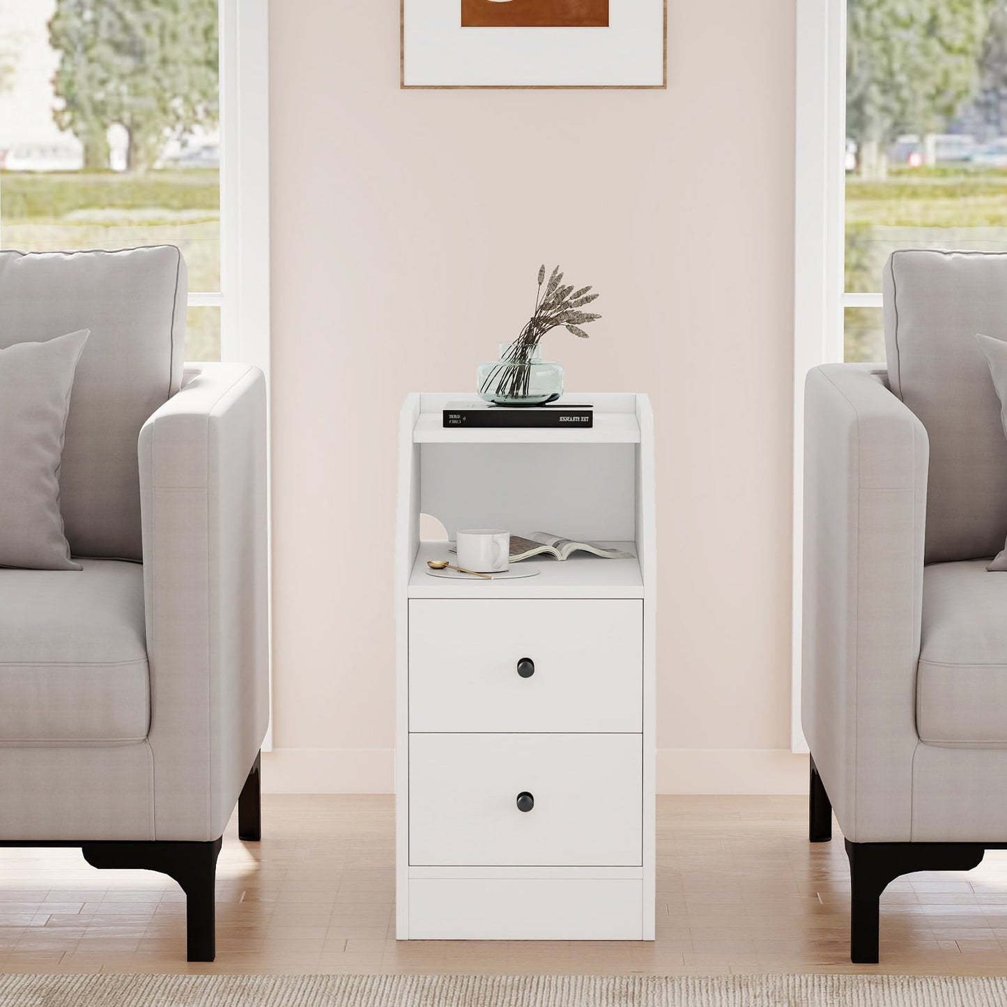End Table with Charging Station & Storage Drawers for Small Space Living Room Bedroom-White