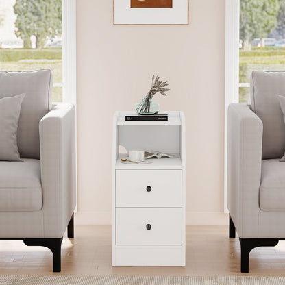 End Table with Charging Station & Storage Drawers for Small Space Living Room Bedroom-White