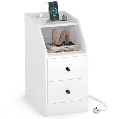 End Table with Charging Station & Storage Drawers for Small Space Living Room Bedroom-White