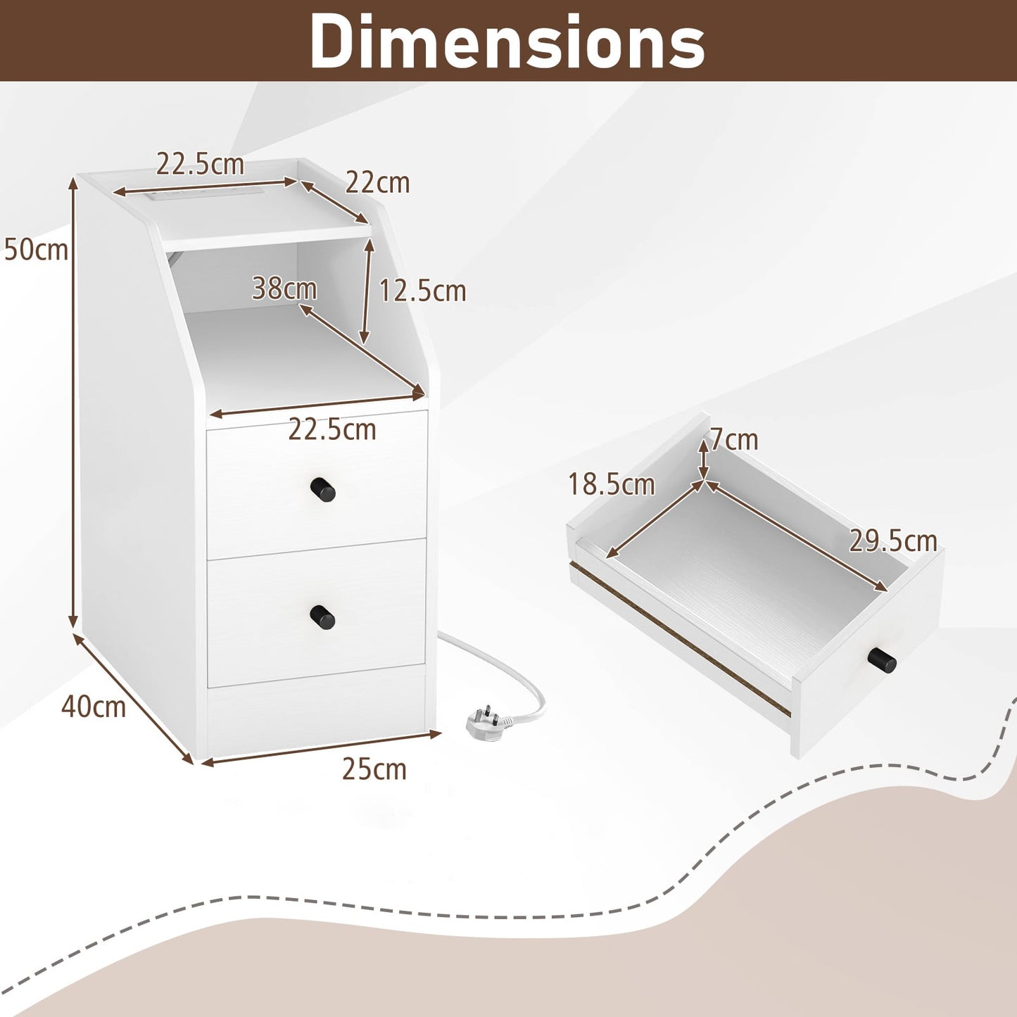 End Table with Charging Station & Storage Drawers for Small Space Living Room Bedroom-White