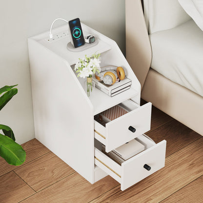 End Table with Charging Station & Storage Drawers for Small Space Living Room Bedroom-White