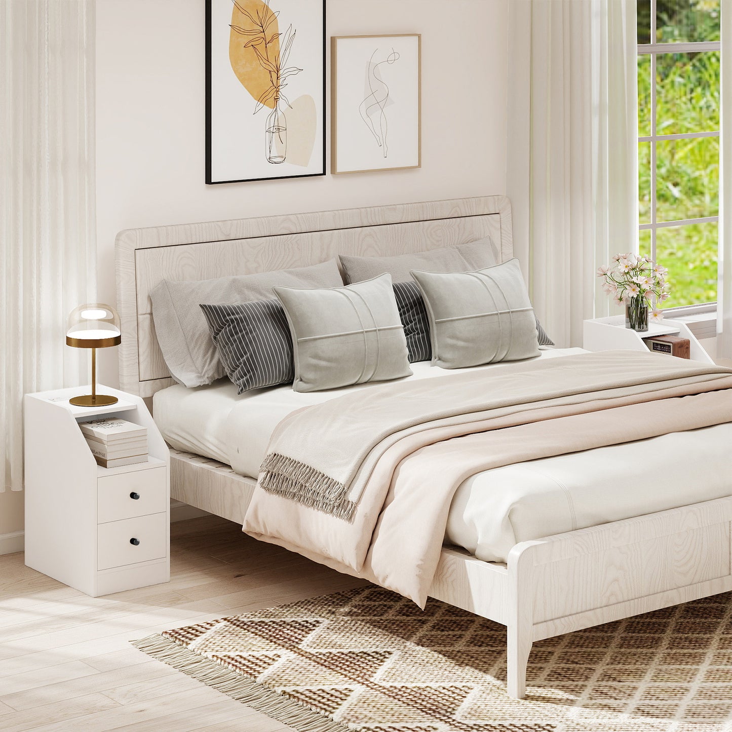 End Table with Charging Station & Storage Drawers for Small Space Living Room Bedroom-White